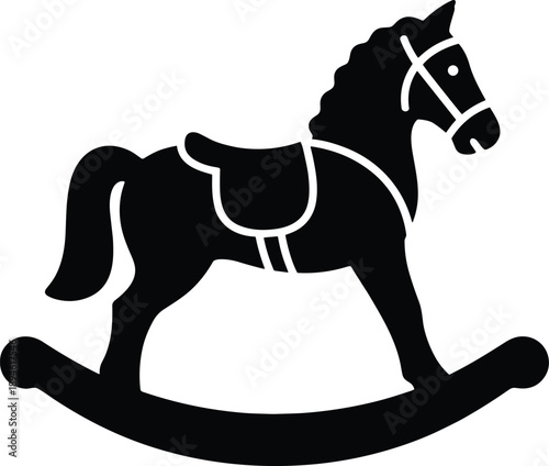 Minimal vector silhouette, vintage rocking horse toy with curved base, solid black, isolated on white.