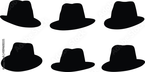 Fedora hat silhouettes, men’s classic fashion headwear, vintage style accessory, retro black vector hats, elegant stylish design, isolated illustration