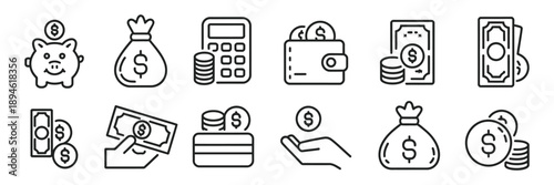 Money, budget, savings, loan, cash, earning, income, wallet, currency, dollar, card, coin, revenue, piggy bank, profit icon set, finance and business thin line icon collection, vector illustration.
