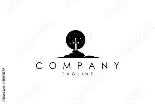 Excelsior Sword logo stuck in a rock with a full moon background in black vector design style