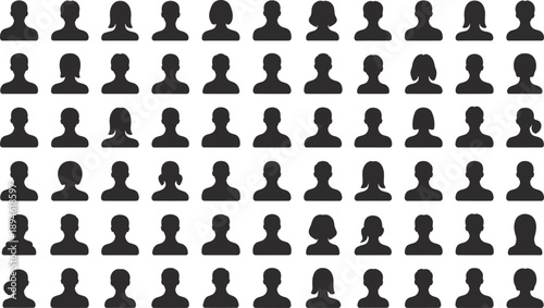 Multiple user avatar icons, silhouette profile pictures, social media avatars, anonymous users, generic people icons, digital identity symbols, black and white design
