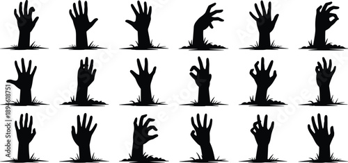 Multiple zombie hands rising from grave silhouettes, spooky Halloween horror design, undead hands reaching out, creepy Halloween vector illustration
