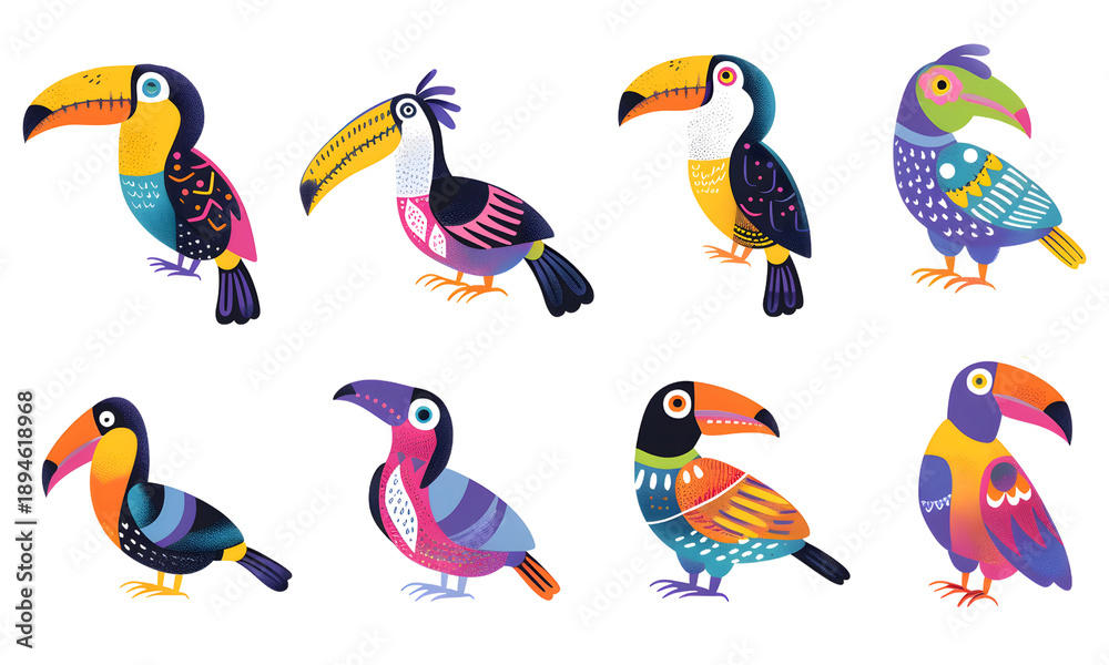 Fototapeta premium Colorful Toucan Bird Illustration in Modern Folk Style Isolated on Transparent Background