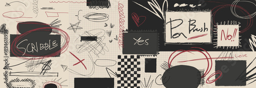 Hand drawn collage scribble sticker vector set with beige grid paper texture, black brush marks, labels and cutout shapes. Editorial design elements for posters and branding.