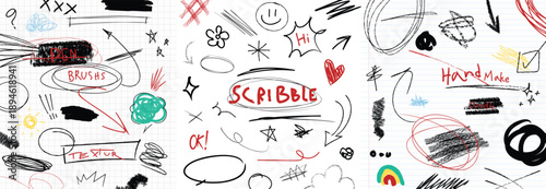 Hand drawn messy scribble vector set with colorful ink marks, highlights, underlines and notebook doodles on white background. Creative design elements for planners and school notes.