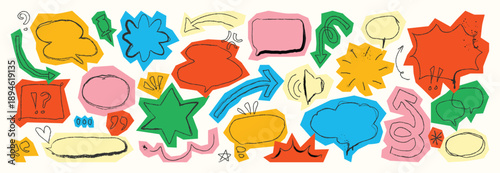 Hand drawn colorful speech bubble doodle vector set with chat icons, thumbs, labels and comic marks on white background. Fun design elements for apps, posters and social media.