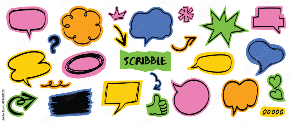 Fototapeta premium Hand drawn colorful chat bubble sticker vector set with bright speech shapes, thumbs icons and doodle marks on white background. Modern design elements for apps and social media.