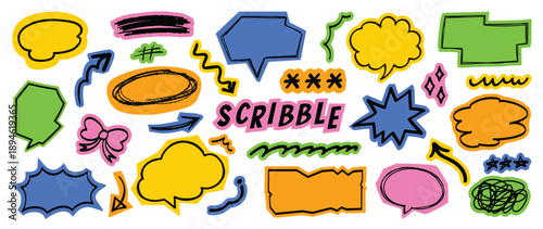 Hand drawn colorful doodle sticker vector set with rainbow chat bubbles, royal crowns, stars and highlight labels on white background. Fun design elements for banners and social media.