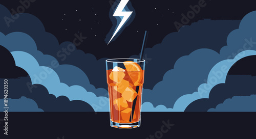 An iced drink with orange slices and a straw is dramatically illuminated by a lightning bolt against a dark, cloudy night sky, symbolizing energy.