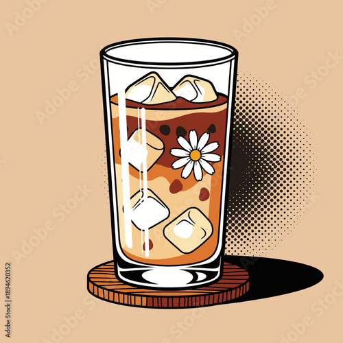 A refreshing illustrated iced coffee beverage, adorned with ice, creamy layers, and a delicate daisy garnish, served on a wooden coaster.