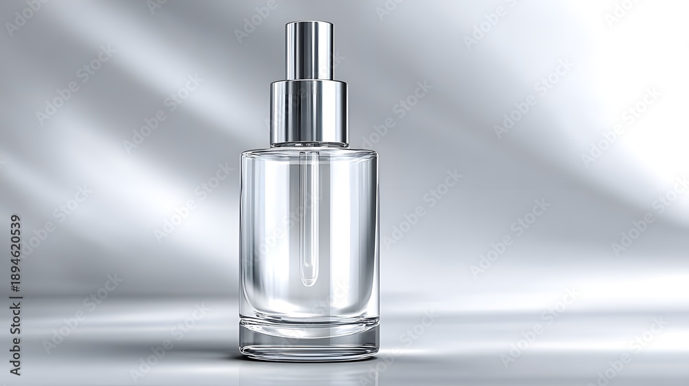 Naklejka premium Clear Glass Bottle with Pump Dispenser on a Soft Gray Background