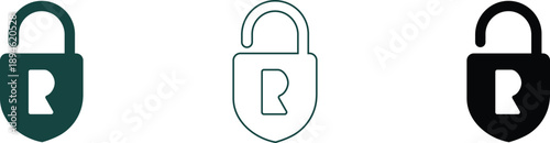 icons Set of three padlock icons unlocked and locked states representing security and access isolated on white background