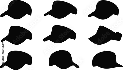 Cap silhouettes collection, baseball caps, casual headwear, vector illustration design, black hat icons, sports fashion accessory, stylish retro and modern caps