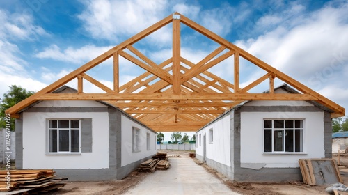 Wallpaper Mural Building new house with wooden roof truss construction under blue sky Torontodigital.ca