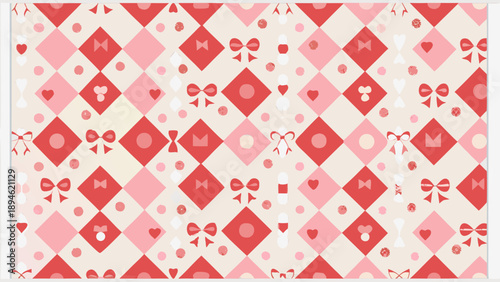 Repeating geometric pattern with diamond shapes in red and pink hues on white background