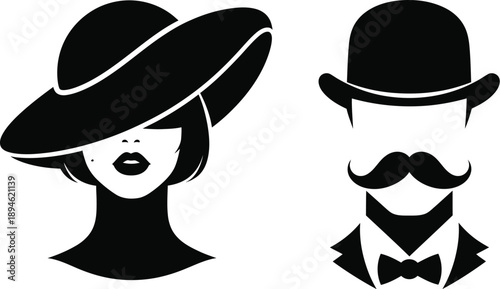 Retro lady and gentleman fashion style and accessories. Mustache and hat ladies man. Man wearing bowler hat, fedora, lady hat. Man woman icon gentleman lady. 