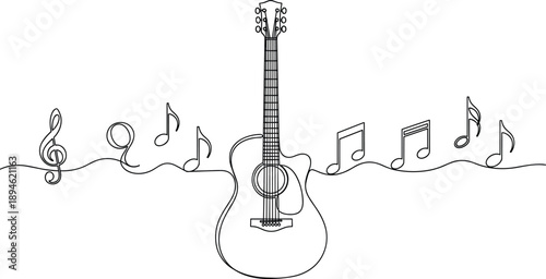 Continuous One Line Drawing of an Acoustic Guitar Surrounded by Flying Musical Notes and Clef Symbol in Modern Minimalist Style