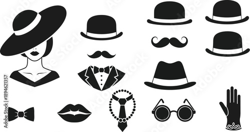 Retro lady and gentleman fashion style and accessories. Mustache and hat ladies man. Man wearing bowler hat, fedora, lady hat. Man woman icon gentleman lady. 