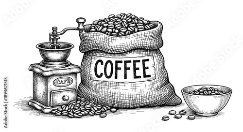 A vintage hand-drawn illustration depicts a classic manual coffee grinder alongside a burlap sack overflowing with aromatic coffee beans, ready for brewing.