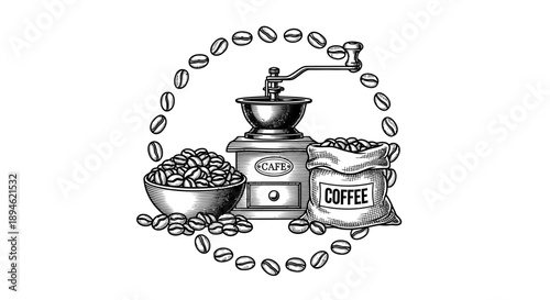 Vintage beverage illustration featuring a manual grinder, roasted beans in a bowl and sack, encircled by coffee seeds, ideal for cafe themes.