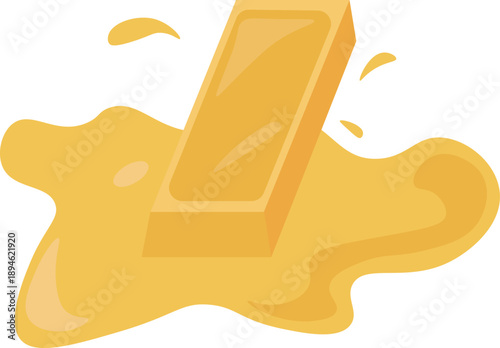 Flat vector illustration of a single gold bullion bar melting into a liquid golden puddle with splashes. Perfect for finance, investment, banking, and wealth concepts.