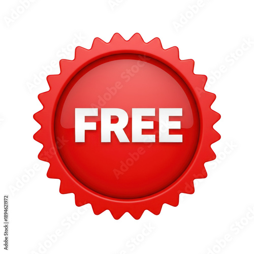 3D rendered red FREE badge seal icon isolated on transparent background