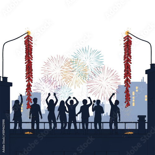 Silhouette of people celebrating with fireworks display in the city at night with streetlights and buildings.