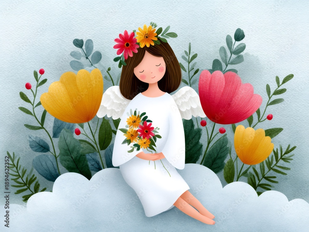 Fototapeta premium Angel girl sitting on cloud holding flowers