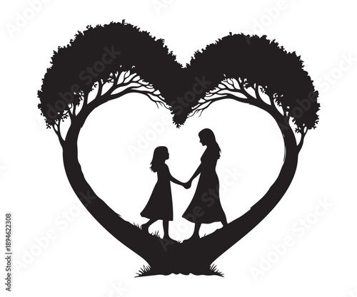Mother and daughter holding hands in a heart shaped tree silhouette