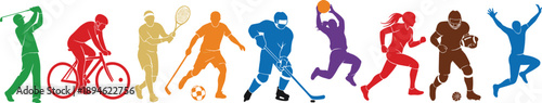 Colorful sports silhouettes, athletic activity icons, diverse disciplines, physical movement, fitness, vector illustration, dynamic poses, health, energy, competition
