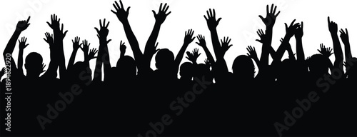 Crowd silhouette with raised hands, black vector design, celebration, unity, public gathering, excitement, protest energy, group enthusiasm, people icon