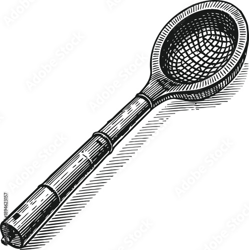 Wooden tea strainer spoon with fine mesh basket for brewing loose leaf tea isolated on white background