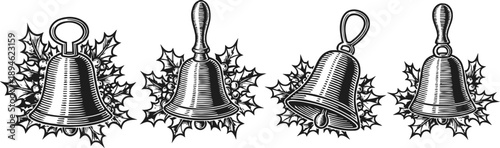 Vintage handbells with holly leaves illustration christmas holiday decoration and festive winter design elements