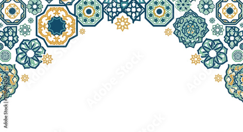 Intricate floral border design with blue, yellow and white patterns on a white background, featuring geometric shapes and ornate details in a flat lay composition.
