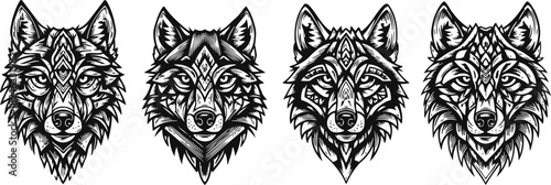 Intricate tribal wolf head designs in monochrome four detailed native animal illustrations with geometric patterns