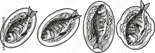 Four fresh grilled fish served on plates with garnish and lemon slices, hand drawn illustration