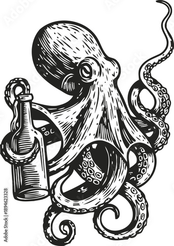 Octopus holding bottle illustration marine animal with tentacles gripping glass container in vintage drawing