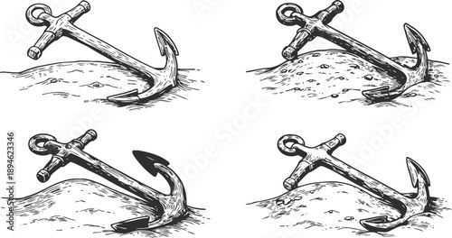 hand drawn vintage ship anchors partially buried in sand with detailed shading and texture