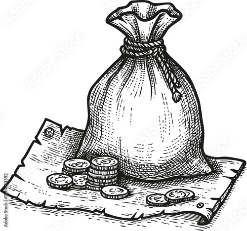 Money bag with coins on parchment paper vintage hand drawn treasure sack and currency pile illustration
