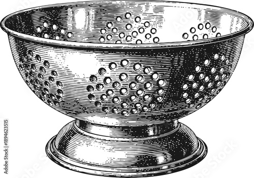 Vintage metal colander with perforated holes and pedestal base for draining food