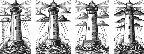 Classic lighthouse illustrations with beams of light shining over turbulent sea waves and cloudy skies