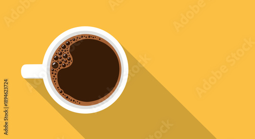 A minimalist vector illustration depicts a top-down view of a white coffee cup filled with dark, bubbly brew, casting a long diagonal shadow across a bright yellow background, evoking morning warmth