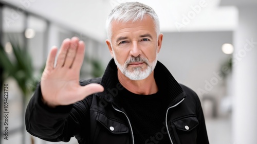 Mature man making stop gesture signaling refusal
