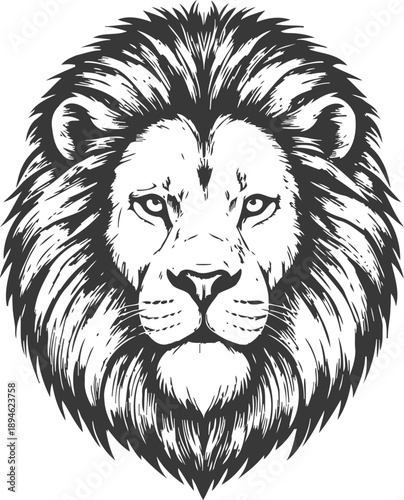 Black and white lion head illustration with detailed mane and fierce expression
