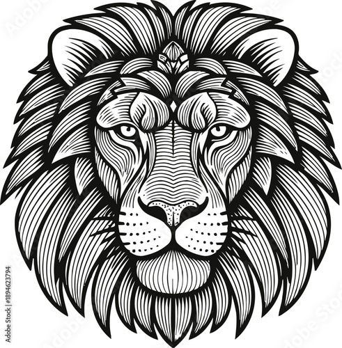 Intricate lion head illustration with detailed mane and fierce intense gaze
