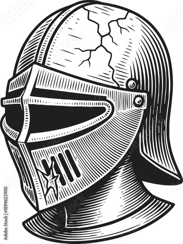 Cracked medieval knight helmet with detailed engravings and protective visor in vintage