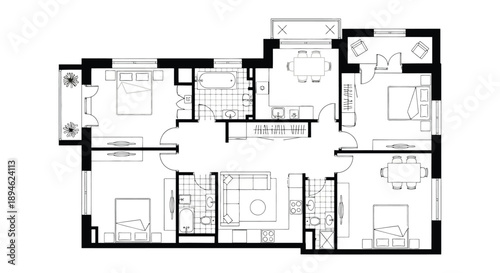 Detailed floor plan of a modern apartment with multiple rooms and furniture ideal for design projects on transparent background silhouette