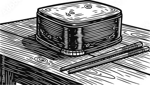 Woodcut rectangular butter block on wooden table with chopsticks illustration