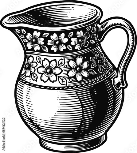 Vintage ceramic pitcher with floral pattern, decorative jug with handle and spout, classic pottery design