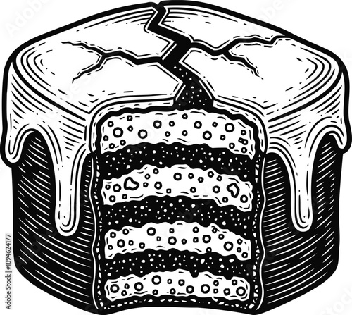 Layered cake with frosting and cracks sliced sweet dessert illustration in vintage engraving